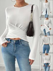 Chiquease Tricou de damă, de culoare solidă, cu gât rotund, cu mânecă lungă, cu talie răsucită, primăvară/vară