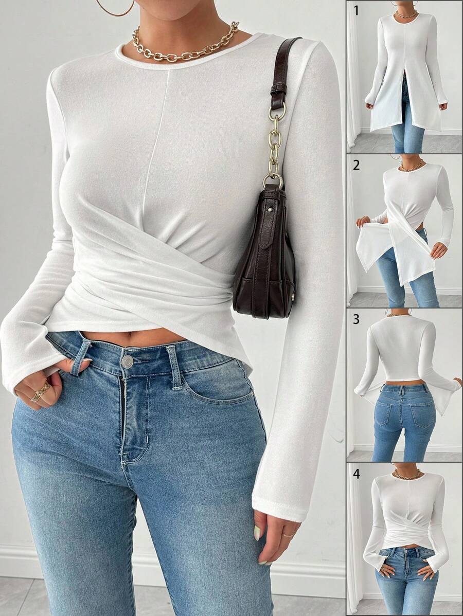 Chiquease 女士纯色圆领长袖腰部扭纹修身 T 恤，春夏 - 白色 - 查看 1
