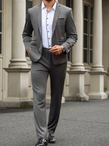 Manfinity Bizformal Men's Solid Color Suit Set: Jacket And Pants,Gifts For Boyfriend - Grey - View 1