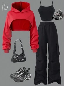 SHEIN ChillGRL 3 件套少女休闲套装：纯色高低下摆连帽运动衫、纯色吊带背心和工装裤，春秋