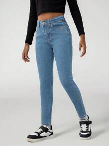 SHEIN Tween Girl All-Match Casual Everyday Minimalist Academic Style Adjustable Elastic Waist High Stretch 5-Pocket Skinny Jeans, With Pockets, Versatile Year-Round Essential Fashion Item