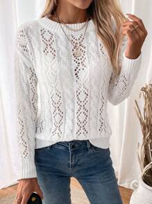 SHEIN LUNE 女士纯色镂空针织毛衣，春秋 - 白色 - 查看 6
