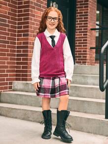 SHEIN 2pcs Tween Girls Preppy Commuter Casual Faux-2pcs Knit Vest, Shirt & Plaid Skirt Set - Hot Pink - View 4