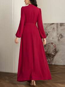 Modelyn 女士优雅束腰修身不对称袖长连衣裙 - 玫紅色 - 查看 2