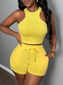 Slaydiva 新款夏季休闲性感抹胸开衩阔腿裤女两件套户外活动装 - 黃色 - 查看 3