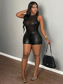 Slaydiva Women's Sleeveless Lace Patchwork Tight Romper