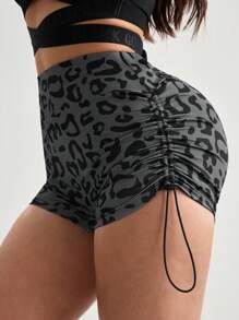 Menodora SHEIN Sport Quần short thể thao rút dây họa tiết da báo - màu đen - Xem 2