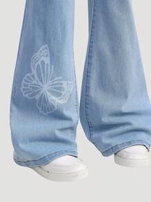 SHEIN Explorewe Tween Girl 美式街头风蝴蝶印花弹力喇叭牛仔裤