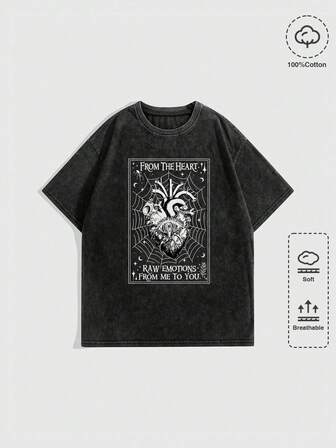 Goth Maglietta A Maniche Corte Vintage Con Stampa Distressed Di Cuori, Ragnatele E Lettere Per San Valentino. Lavata, Collo Rotondo E Vestibilità Ampia.