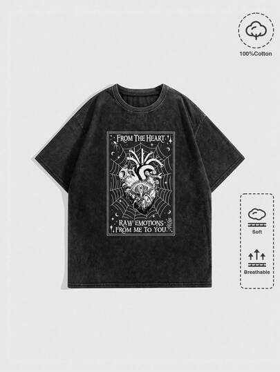 Goth T-shirt Vintage À Manches Courtes Avec Impression Fidèle, Cœur, Toile D'araignée Et Lettre Pour La Saint-valentin, Lavé, Col Rond Et Coupe Ample