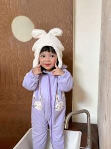 SHEIN Baby Girl Cute Rabbit Pattern Hooded Jumpsuit, Pink - Pink - View 3
