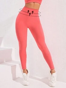 SHEIN Solid Color Waist Gathering Tight Pleated Sports Leggings, Casual Daily Wear