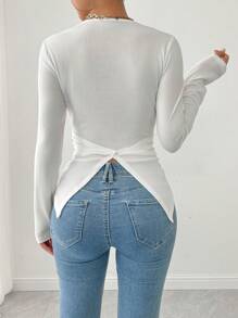 Chiquease Tricou de damă, de culoare solidă, cu gât rotund, cu mânecă lungă, cu talie răsucită, primăvară/vară