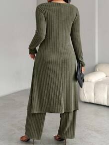 EMERY ROSE 2pcs/Set Plus Size Solid Color Crew Neck Long Sleeve Top And Pants - Army Green - View 2