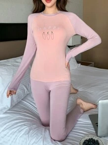 DAZY Cute Cartoon Pattern Raglan Sleeve Fitted Pajama Set - Pink - View 5