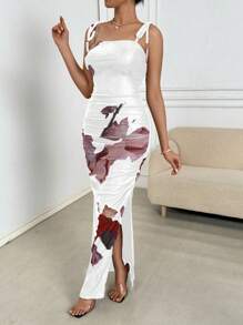Chiquease Women's Spaghetti Strap Tie Front Floral Print Split Hem Dress - White - View 4
