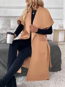 SHEIN Clasi Women's Solid Color Turndown Collar Double Pocket Long Sleeve Casual Coat, Autumn Winter - Camel - View 3