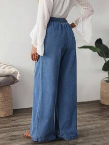 SHEIN LUNE Quần Jeans Ống Rộng Co Giãn In Hình Hoa Bồ Công Anh Cho Nữ, Dáng Rộng, Cạp Cao Co Giãn - Màu xanh lam - Xem 5