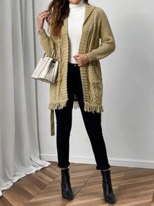 EMERY ROSE Women's Self-Tie Waist Textured Long Sleeve Collared Cardigan - Khaki - View 3