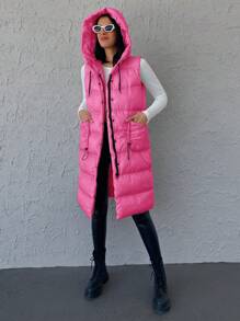 EURMUSE Flap Pocket Drawstring Hooded Puffer Vest Coat - Hot Pink - View 3