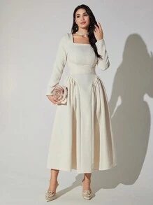 Modelyn 女士纯色方领长袖褶皱长款优雅连衣裙，春秋长款晚礼服 - 杏色 - 查看 8