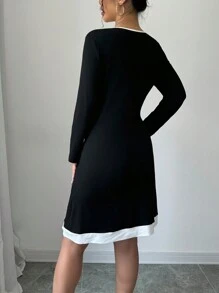 Lyxana 女式黑白撞色圆领长袖休闲短裙 - 黑與白 - 查看 2