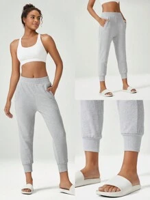 GLOWMODE 女士纯色松紧腰抽绳运动裤 - 淺灰色 - 查看 6
