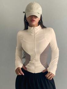 DAZY Women's Contrast Color Zip Front Fitted Jacket, Spring Autumn - Apricot - View 5