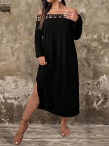 SHEIN LUNE Vestido de manga larga con escote con abertura, unicolor, aplicación de encaje y abertura lateral para talla grande - Negro - Ver 6