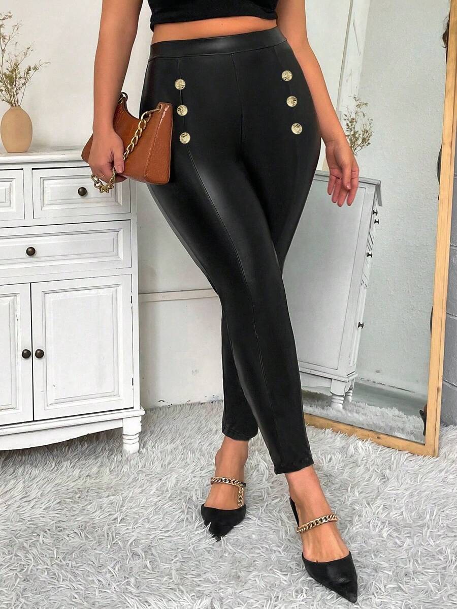 SHEIN Clasi Plus Size Decorative Button PU Leggings Fall Cloth For Women - Black - View 1
