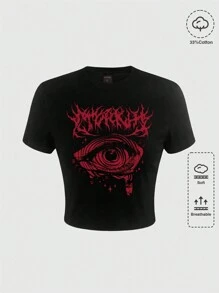 ROMWE Grunge Punk 女士字母眼睛印花短袖 T 恤，学校 - 黑色 - 查看 1