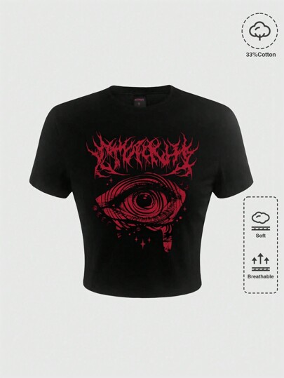 Grunge Punk Maglietta a maniche corte con stampa di occhi e lettere, per la scuola