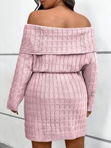 SHEIN LUNE 大码女式粉色连帽露肩系腰麻花针织休闲宽松中长连衣裙 - 粉色 - 查看 3