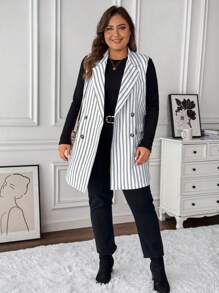 SHEIN LUNE Winter Clothes Plus Size Sleeveless Black And White Striped Lapel Suit - Black and White - View 3