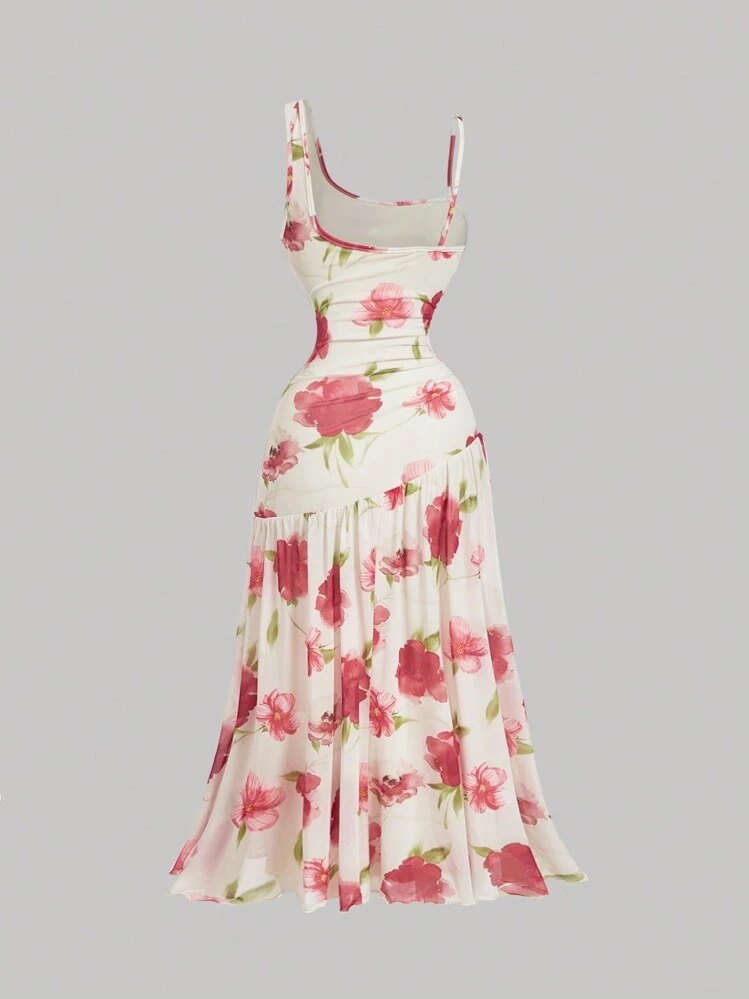 SHEIN MOD Red Vintage Large Flower Print Asymmetrical Gathered 70s Style Long Dress,Fall Wedding Guest Dress,Homecoming Dresses - Multicolor - View 2