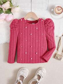 SHEIN Young Girl Fuzzy Knit Ribbed Raglan Sleeve T-Shirt With Pearl Decor, Fall (9) & Winter (2) - Hot Pink - View 1