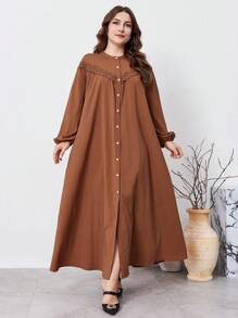 Al Najma 加大码长袖纯色纹理面料蕾丝边长袍连衣裙，朴素休闲衬衫长裙，适合旅行/休闲/居家/度假