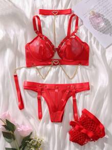 SHEIN Conjunto de lencería con sujetador con aros, liguero con cadenas, gargantilla y calcetines para novia, ideal para fiestas - Rojo - Ver 8
