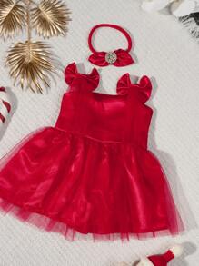 SHEIN 新生女婴 100 天红色蕾丝连衣裙（带头带）摄影连衣裙套装 - 紅色 - 查看 2