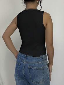 SHEIN Frenchy 女士春秋纯色系带镂空无袖性感针织上衣 - 黑色 - 查看 2