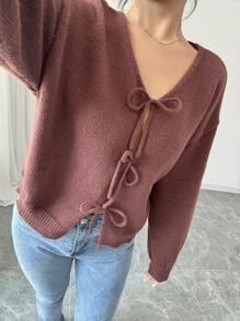Selianne Women's Solid Color Drop Shoulder Long Sleeve Front-Tie Cardigan, Autumn/Winter,Long Sleeve Tops Fall Cloth For Women - Coffee Brown - View 5