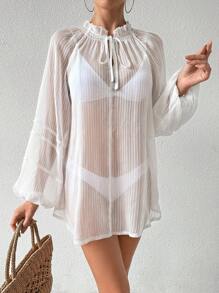 SHEIN Swim Women's Chiffon Striped Loose Long Sleeve Mid-Length Vacation Beach Coverup With Ruffle Collar Design Summer