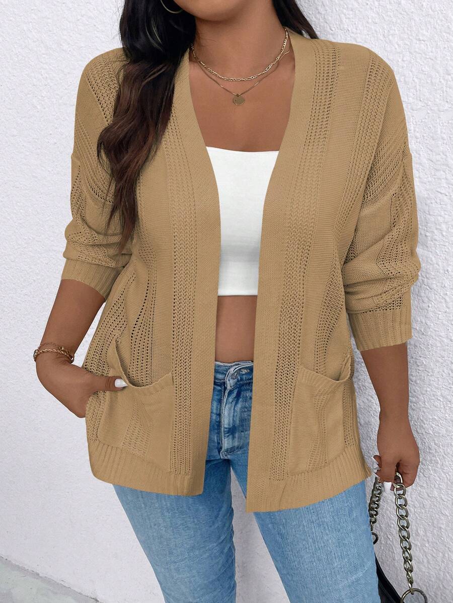 SHEIN LUNE 大码纯色长袖开衫，带口袋，休闲日常穿着 - 卡其色 - 查看 1