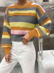 SHEIN Unity 圆领长袖条纹简约套头毛衣，休闲日常穿着