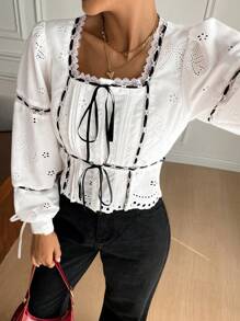 SHEIN Frenchy Women's Contrast Lace Front-Tie Long Sleeve Cropped Elegant Blouse,Bow Embroidery Texture Bubble Long Sleeve Shirt,Lace Patchwork Button Up Women Shirt,White Collar Shirt,Square Neckline Colour-Blocked Edges Top,Women Costumes,Fall Women Tops,Long Sleeve Lace Top Winter Casual - Black and White - View 5