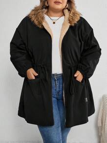 SHEIN CURVE+ Áo khoác có mũ trùm đầu thanh lịch cỡ lớn mùa đông mới mềm mại có đệm - màu đen - Xem 3