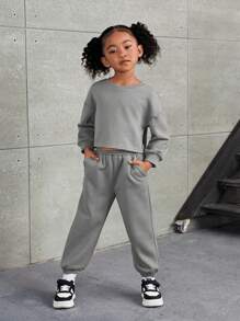 SHEIN 2 piezas Conjunto de sudadera corta de punto de unicolor y pantalón de chándal holgado de ajuste largo para niña joven - Gris - Ver 6