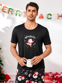 CoupledUp Santa Claus & Snowman Graphic Print Cute Christmas Men's Pajama Set - Multicolor - View 4