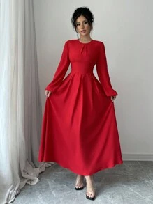 Elenzga 女士 A 字形褶皱长袖连衣裙 - 紅色 - 查看 3