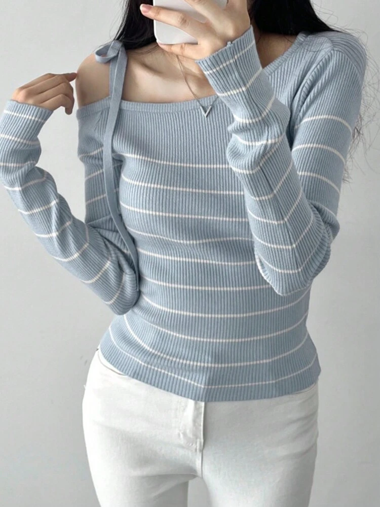 Women's Casual Asymmetric Collar Contrast Color Striped Sweater, Spring And Autumn,Long Sleeve Tops,Back To School Clothes,Fall Women Clothes